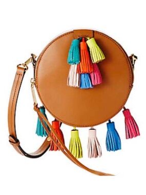 REBECCA MINKOFF LEATHER ROUND CROSSBODY BAG, ALMOND COLOUR, TWO SETS OF TASSELS